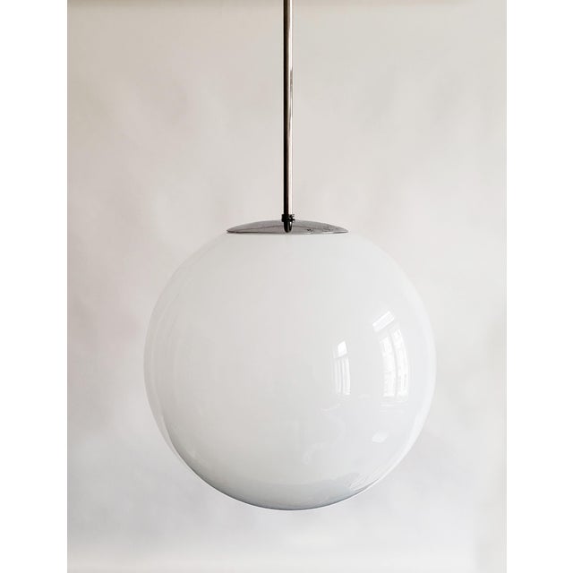 Beautifully minimalist art deco opaline glass pendant with chrome details. Clean, professionally rewired, 1 E 27 bulb (not...
