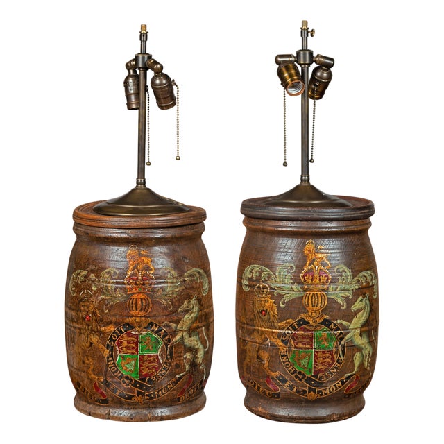 1880s English Wooden Barrels with Coat of Arms Made into Table Lamps - a Pair For Sale