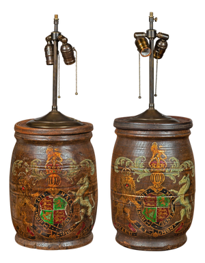 1880s English Wooden Barrels with Coat of Arms Made into Table Lamps - a Pair