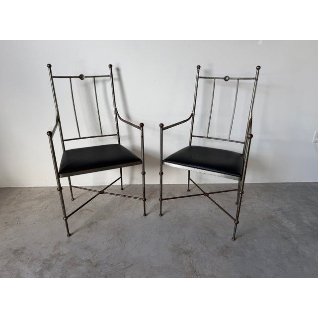 Mid-Century Modern Vintage Alberto Orlandi Giacometti-Style Metal Armchairs With Black Leather Seats – Pair For Sale - Image 3 of 17