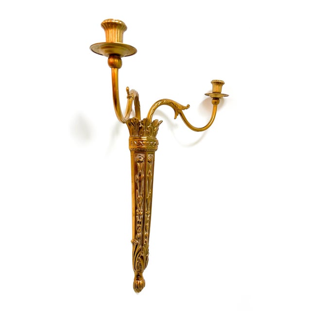 Mid 20th Century Pair of Vintage Neoclassical Double-Arm Wall Candle Sconces – Gold Gilt or Brass-Plated For Sale - Image 5 of 12