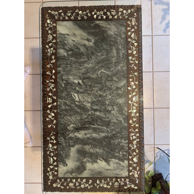 Antique Chinese Black Lacquer & Mother-of-Pearl Marble Top Tiered Table Late 19th Century | Qing Dynasty Influence For Sale - Image 10 of 12