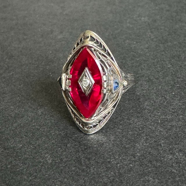 Metal Art Deco 14k White Gold Cocktail Ring Marquis Lab Ruby Filigree Setting Vintage Size 8 For Sale - Image 7 of 12