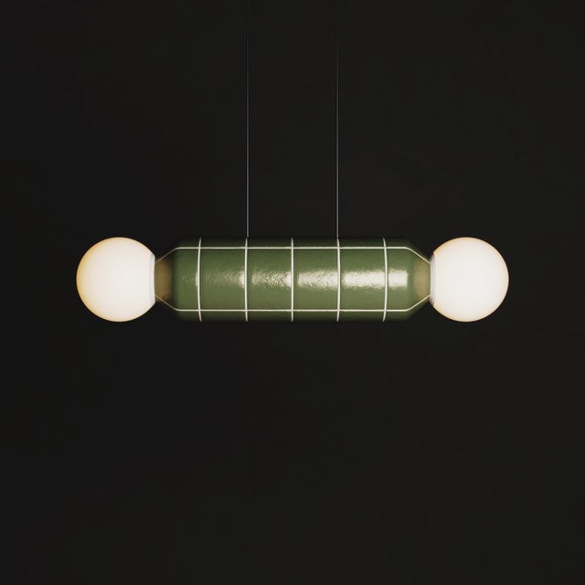 Not Yet Made - Made To Order Modern Horizontal Pendant Light With Ceramic Base – Green – Handcrafted For Sale - Image 5 of 6