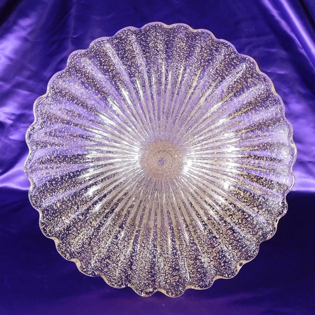 Glass Large Footed Clear Glass Bowl With Gold Glitter For Sale - Image 7 of 8