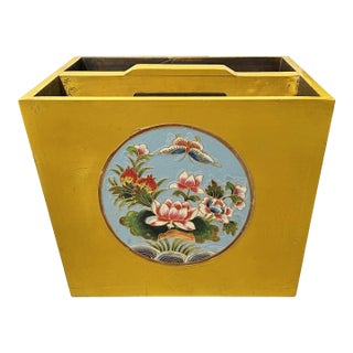 Chinese Wood Square Distressed Yellow Lotus Graphic Handle Bucket For Sale
