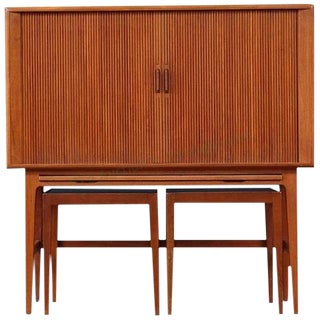 Mid Century Kurt Ostervig Teak Tambour Bar & 2 Side Tables For Sale
