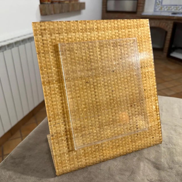 Wood 1970s Christian Dior Home Style Modern Wicker and Plexiglass Picture Frame For Sale - Image 7 of 11
