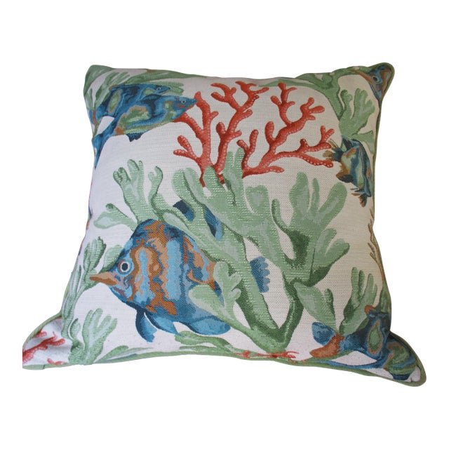 Vintage Coastal Rainbow Fish & Coral Design Feather & Down Throw Pillow For Sale