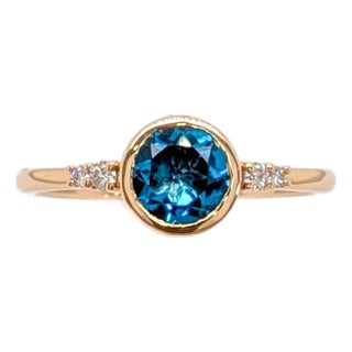 London Blue Topaz Ring W Natural Diamond Accents in 14k Yellow Gold | Round 6mm For Sale