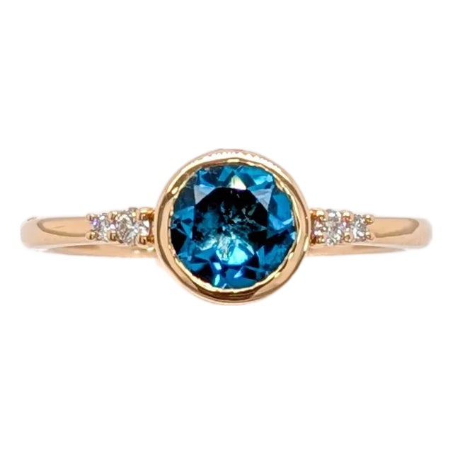 London Blue Topaz Ring W Natural Diamond Accents in 14k Yellow Gold | Round 6mm For Sale