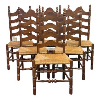Late 20th Century Ladderback Rush Seat Dining Chairs - Set of 6 For Sale