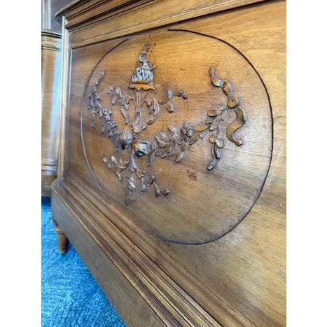 French Antique Louis XVI Pair of Walnut Twin Beds Pair Carved Rose & Ribbon Motifs For Sale - Image 3 of 7