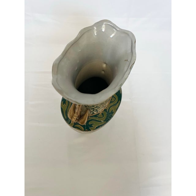 Vintage Chinoiserie Green & Gold Scrollwork Vase With Dragon Handles For Sale - Image 4 of 10