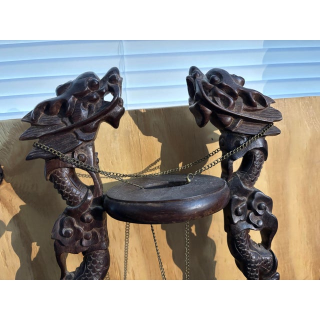 1900 - 1909 Antique Carved Wood Scabbard Footed Sword Holder With Dragon Beasts, Antique Carved Dragons Wood Pocket Watch Holder For Sale - Image 5 of 12