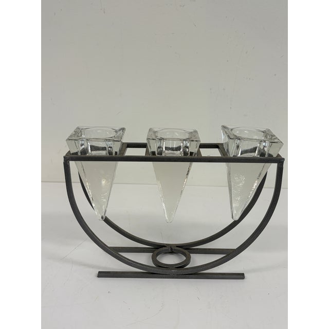 Black Vintage 1980s Brutalist Iron & Crystal Triple Votive Candle Holder Candelabra For Sale - Image 8 of 12