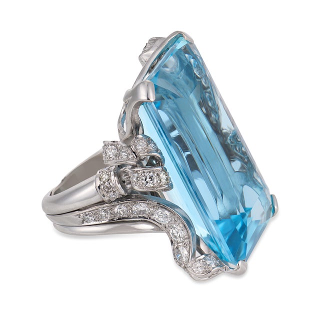 Nadja Buckley Mid Century 51.50 Carat Aquamarine Diamond Platinum Cocktail Ring, Size 5 For Sale - Image 4 of 6
