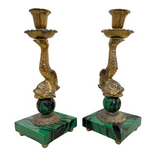 Vintage Faux Malachite Brass Dolphin Candleholders For Sale