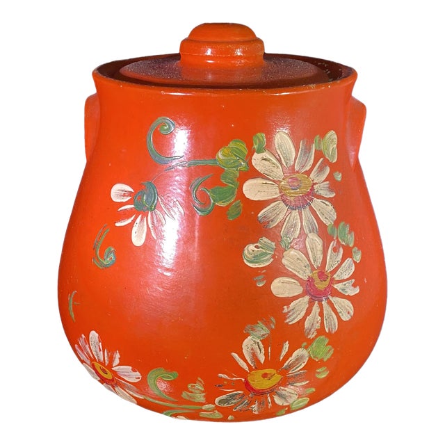 Vintage Ransburg Hand-Painted Orange Pottery Cookie Jar, 1930s Americana For Sale