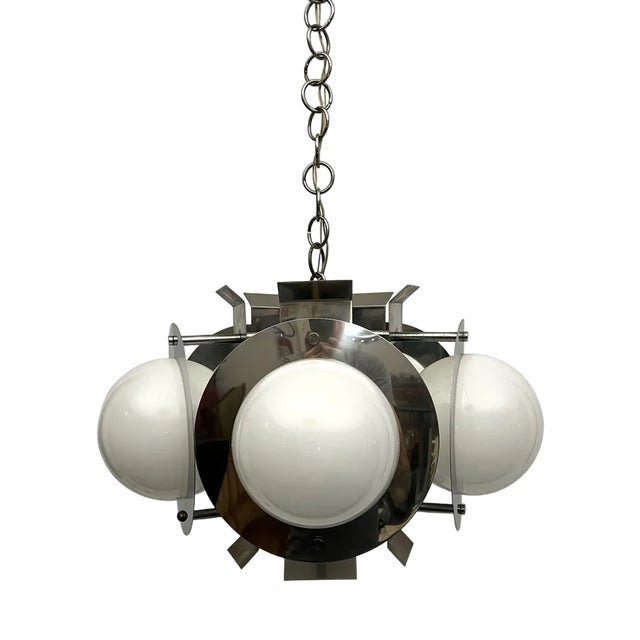 Space Age Five-Light Hanging Light in Chrome and White Glass, Italy, 1970s For Sale