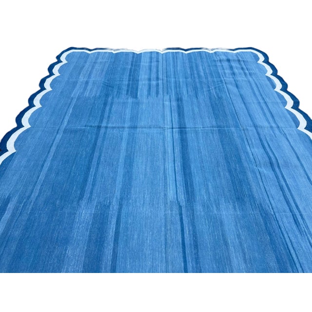 Blue Handmade Cotton Area Scalloped Rug Blue, Cream, Indigo Blue Border Dhurrie - 5'x8' For Sale - Image 8 of 11