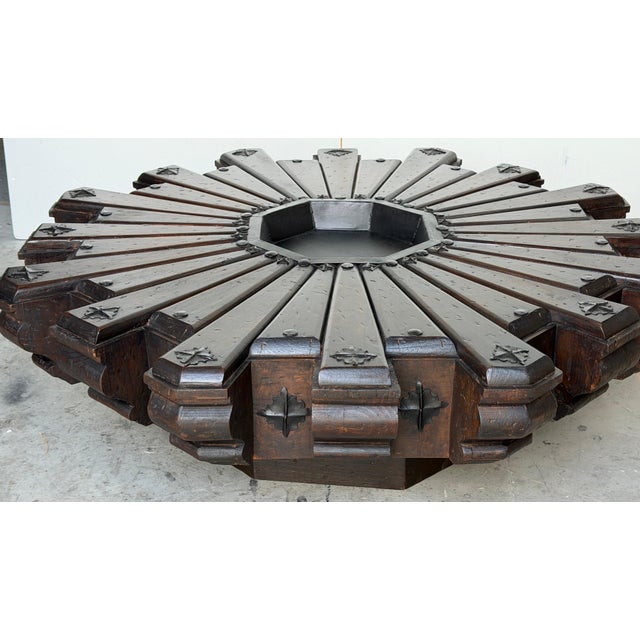 1960s Monumental 1960s Spanish Colonial Sunburst Brazier Table & Wrought Iron Mounts For Sale - Image 5 of 16