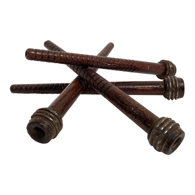 Mid-20th Century Wood and Metal Dark Brown Industrial Textile Quills Set of 4 For Sale