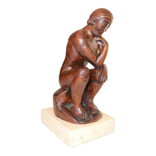 Antique 1800's Folk Art Hand Carved Wood Figural Thinking Man Sculpture Statue For Sale
