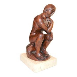 Antique 1800's Folk Art Hand Carved Wood Figural Thinking Man Sculpture Statue