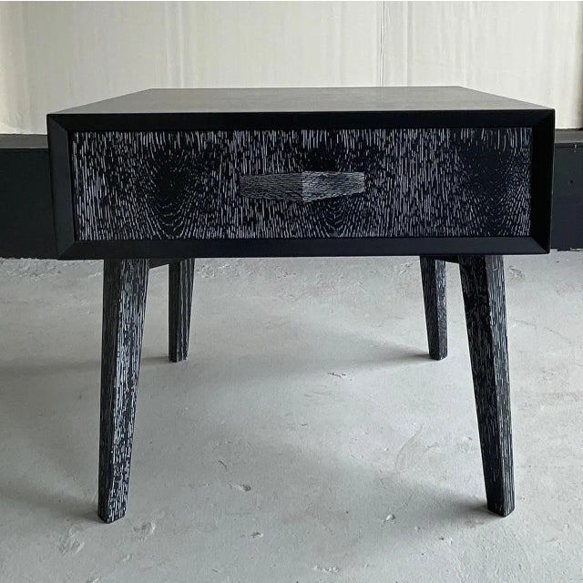 Mid Century Modern Black Cerused End Table Black Oak Cerused Side Table with White Wood Graining Powder Blue Lacquered...