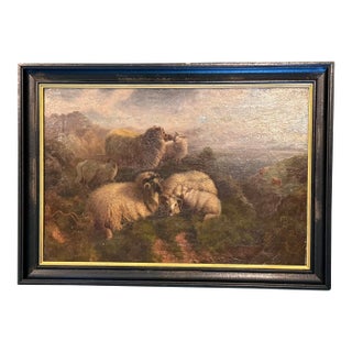 Antique 19th Century Oil on Canvas — Sheep on a Highland Hillside — British School — Ebonized Gilt Frame For Sale