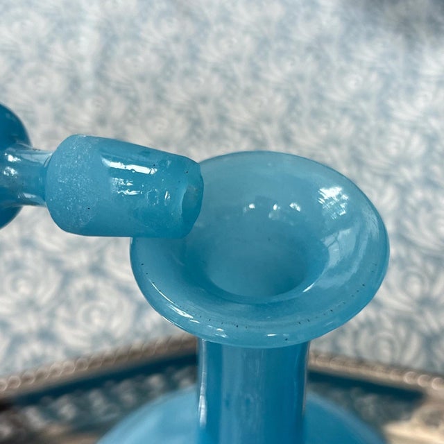 Beautiful pair of antique French blue opaline glass decanters with stoppers // large perfume / scent bottles // vanity decor // boudoir For Sale In Kansas City - Image 6 of 9