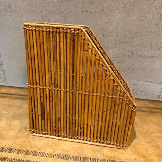 Mid-Century Modern Vintage-Burnt Bamboo Rattan Desk Organizer Magazine File Mid-Century For Sale - Image 3 of 11
