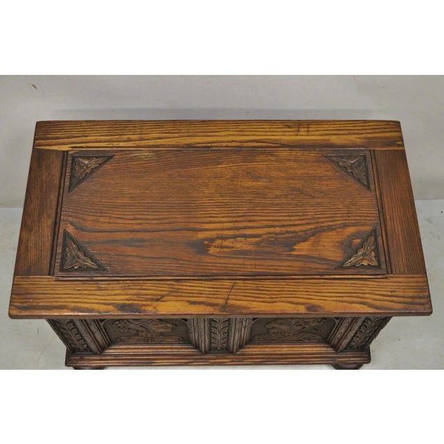 Wood Antique Jacobean Oak Wood Figural Bust Carved Blanket Chest Trunk on Bun Feet For Sale - Image 7 of 11