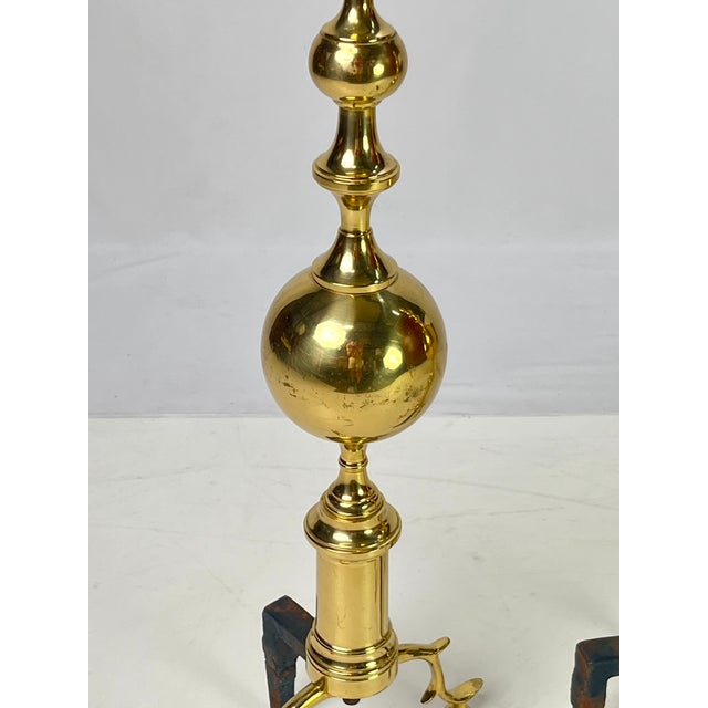 Vintage Tall Polished Brass & Cast Iron Ball Top Andirons - Pair For Sale - Image 6 of 14