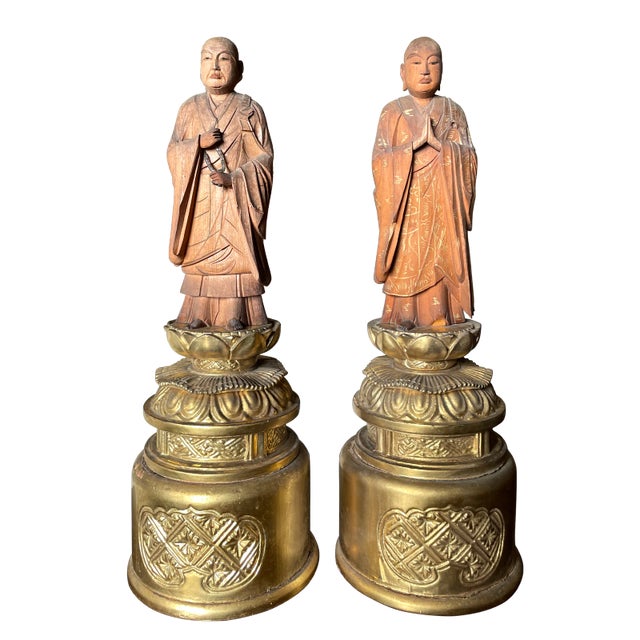 Gold A Pair of Antique Japanese Taishō Carved Zushi Monks on Gilt Bases For Sale - Image 8 of 8