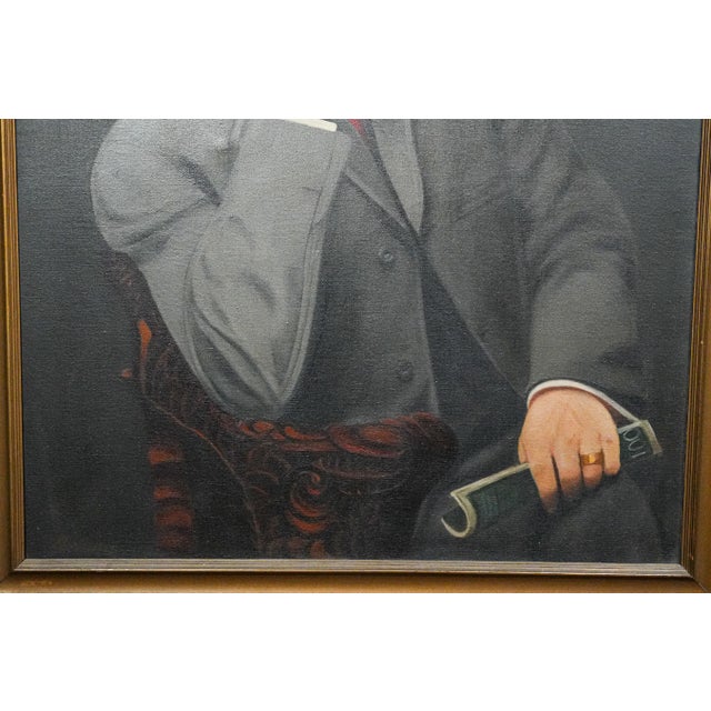 Huge Distinguished Antique Art Deco Oil Painting of Man in Suit Dandy Fashion Framed Portrait Home Wall Decor For Sale - Image 10 of 17