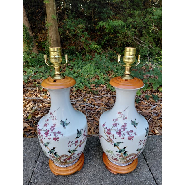 Late 20th Century Vintage Asian Porcelain Bird and Plum Blossom Table Lamps - a Pair For Sale - Image 5 of 5