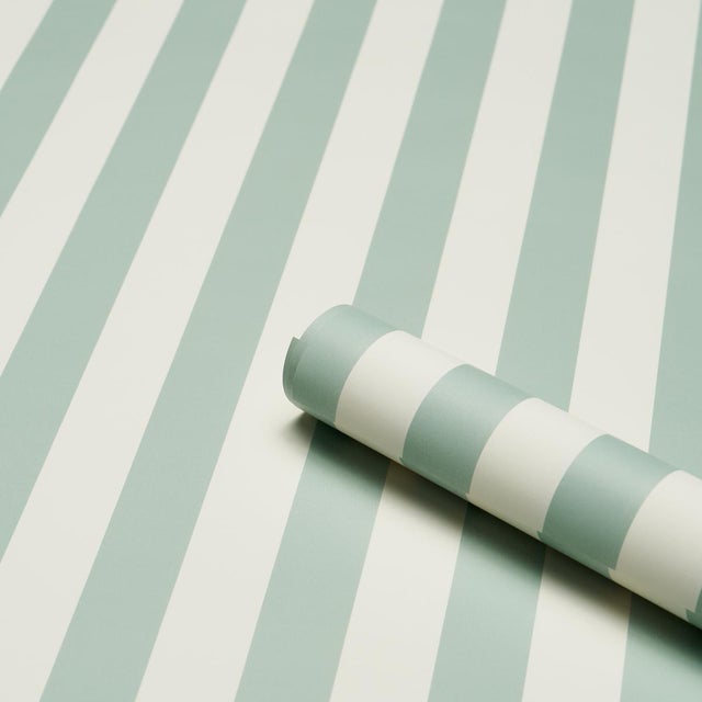 Traditional Schumacher Emma Stripe Wallpaper In Seaglass For Sale - Image 3 of 4