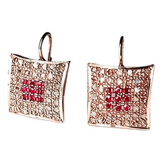 Mid 20th Century 14k Pink Gold Rose Cut Diamond Ruby Dangle Earrings, Pair For Sale