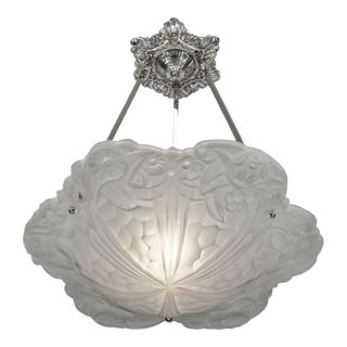 Degue Large French Art Deco Pendant Light 1930s - Floral Frosted Glass For Sale