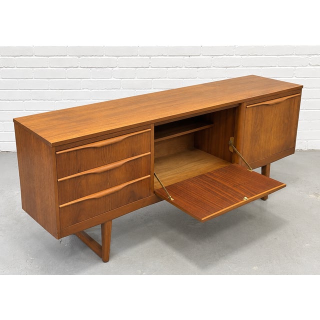 Brown Mid Century Modern Teak Sled Leg Credenza | Scandinavian Sideboard | Danish Modern Buffet Cabinet, Made in England, C. 1960’s For Sale - Image 8 of 12