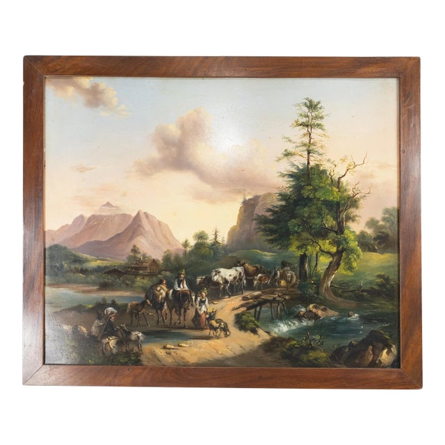 Continental European Alpine Scene Oil Painting on Tin For Sale