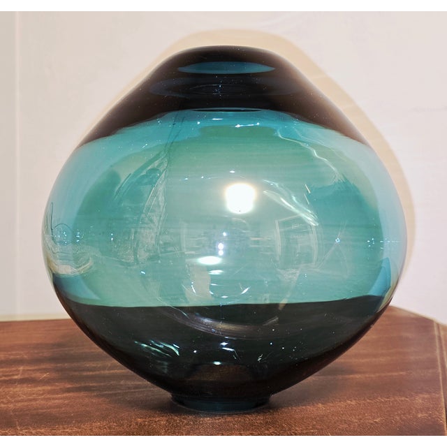 Contemporary Studio Glass Gradient Vase in Teal and Charcoal For Sale - Image 9 of 12