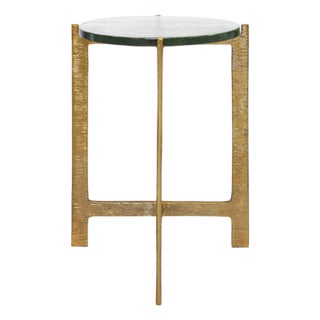 Matthew Izzo Home Ricky Round Hammered Brass Side Table With Thick Poured Glass Top For Sale