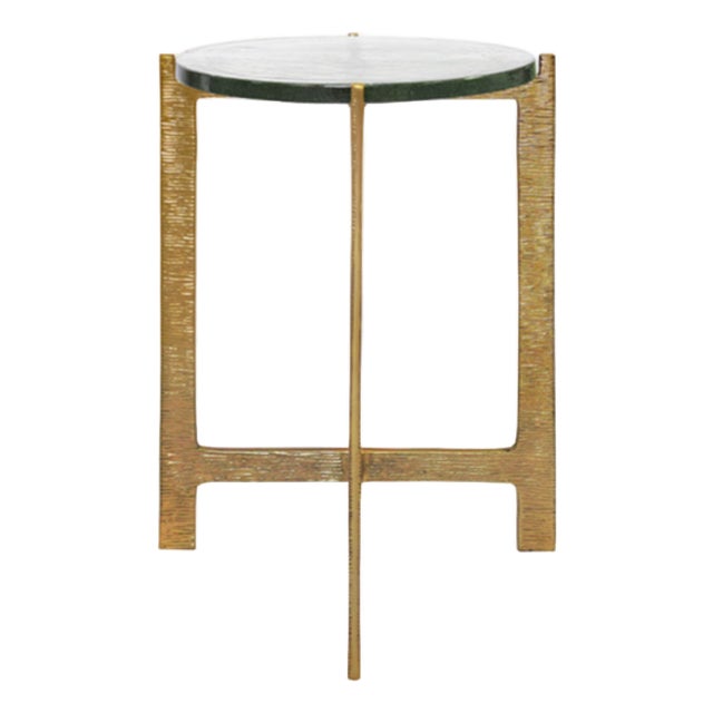 Matthew Izzo Home Ricky Round Hammered Brass Side Table With Thick Poured Glass Top For Sale