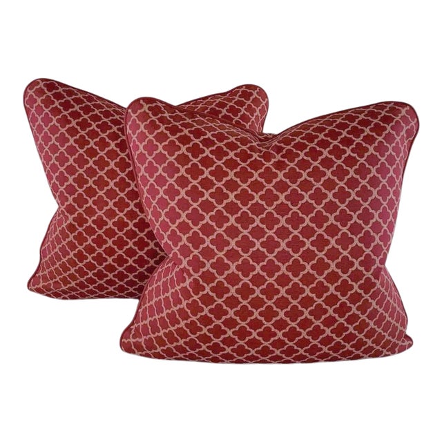P Kaufmann Waverly Ruby Red & Gold Chinoiserie Fretwork Geometric Lattice Quatrefoil Trellis Pillow Covers - a Pair For Sale