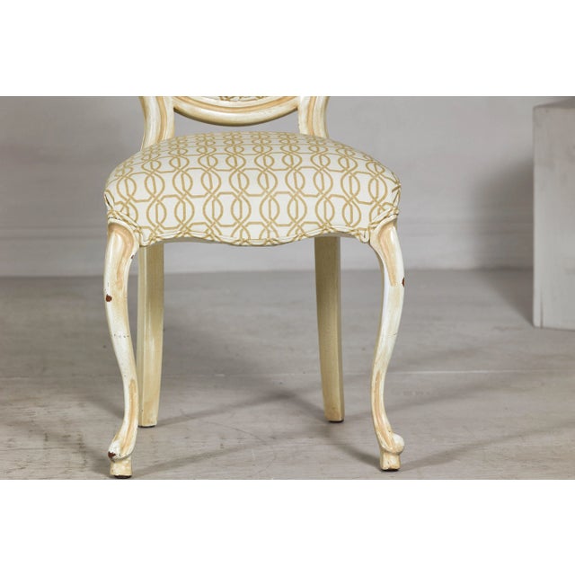 Cream Vintage Louis XV-Style Side Chair with Floral Carving and Patterned Fabric For Sale - Image 8 of 12