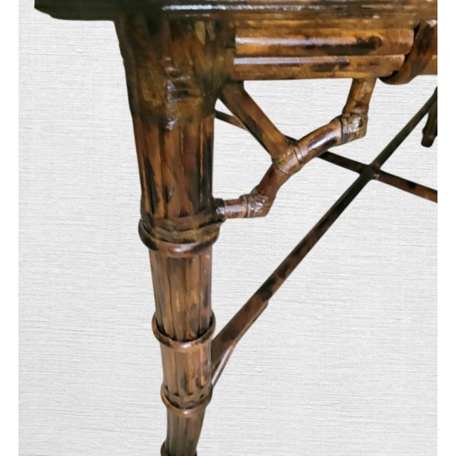 Wood Vintage Stained Tortoiseshell Burnt Bamboo Sqaure Regency British Colonial Card Dining Table For Sale - Image 7 of 10