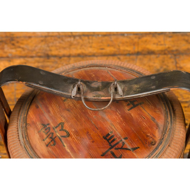 Early 20th Century Antique Chinese Rattan Tiered Lunch Box with Carved Handle and Calligraphy For Sale - Image 5 of 12